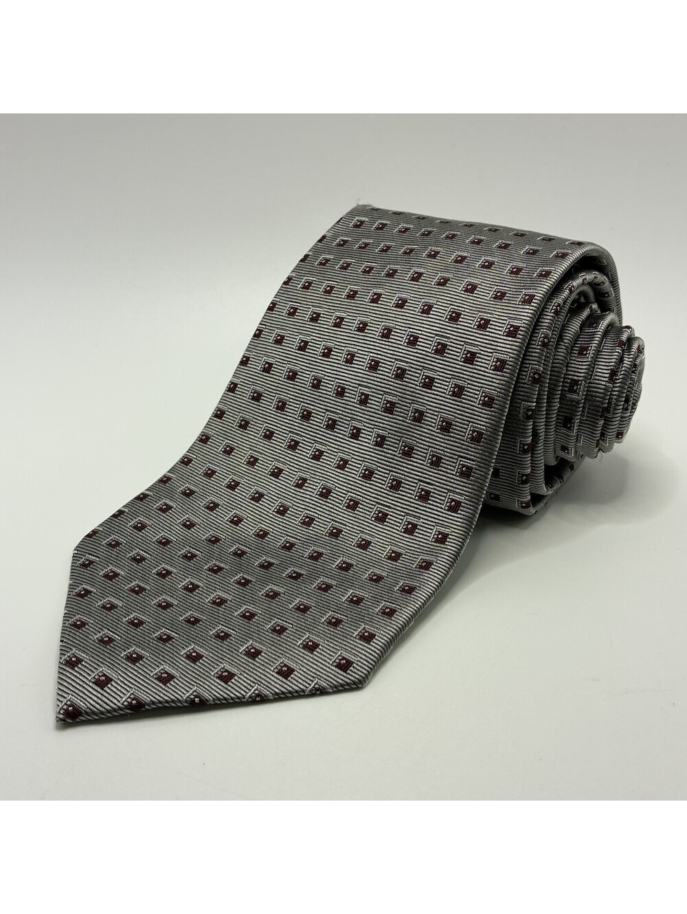 Lands' End Silver Red Geometric Woven Silk Neck Tie Necktie Hand Sewn Vintage